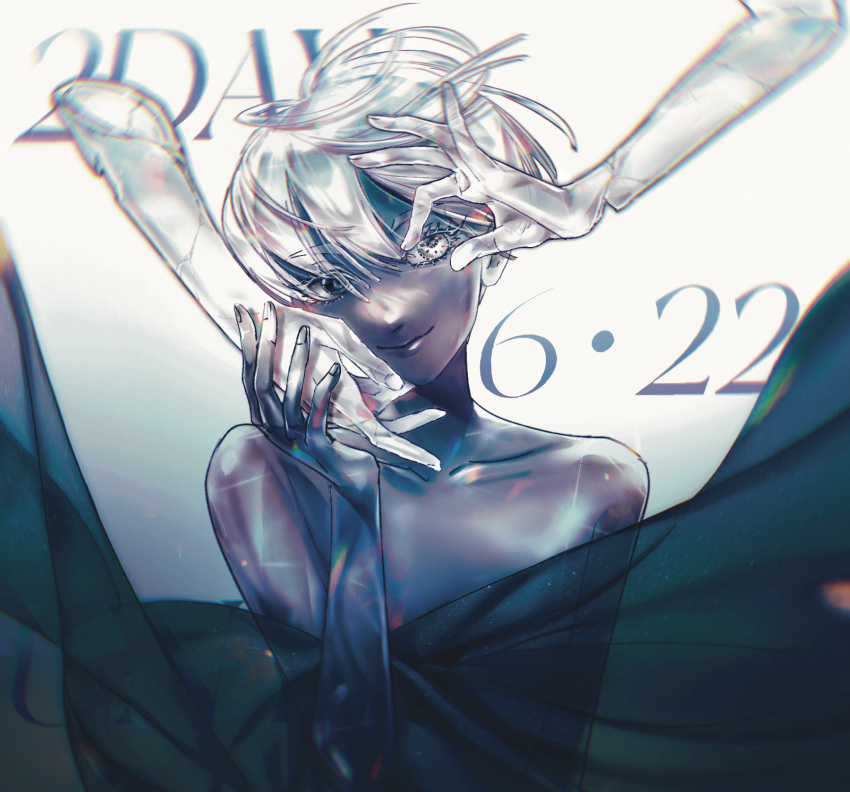 1other androgynous bangs bare_shoulders black_eyes cairngorm_(houseki_no_kuni) cloak closed_mouth commentary_request cracked_skin dark_skin dated eyelashes ghost_quartz_(houseki_no_kuni) hand_on_another's_cheek hand_on_another's_face hand_up head_tilt heterochromia highres holding_hands houseki_no_kuni lips long_hair looking_at_viewer other_focus out_of_frame see-through severed_arm severed_limb short_hair sideways_glance smile solo_focus sparkle upper_body white_background white_eyes white_hair ztjasper