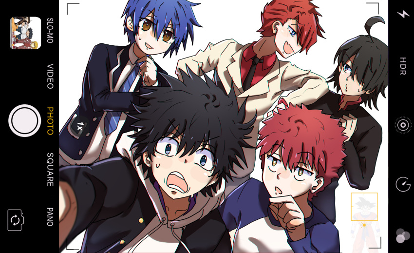 6+boys absurdres araragi_koyomi black_eyes black_hair blonde_hair blue_eyes blue_hair cameo cellphone crossover date_a_live dragon_ball dragon_ball_z ebora emiya_shirou fate/stay_night fate_(series) formal genshin_impact hand_in_pocket highres hood hoodie iphone itsuka_shidou kakine_teitoku kamijou_touma meme monogatari_(series) multiple_boys naoetsu_high_school_uniform necktie o3o phone pointy_hair raizen_high_school_uniform red_hair school_uniform selfie smartphone smug son_goku spiked_hair suit timbs toaru_majutsu_no_index ushiromiya_battler where's_goku_(meme) yellow_eyes zhongli_(genshin_impact)