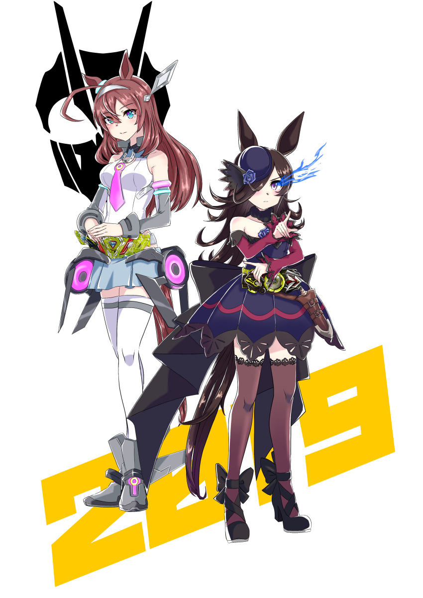 2019 2girls absurdres ahoge animal_ears back_bow bangs bare_shoulders belt black_bow black_collar black_footwear black_hair blue_dress blue_eyes blue_flower blue_rose boots bow brown_hair brown_thighhighs closed_mouth collar collared_leotard commentary_request cosplay detached_sleeves dress emblem flaming_eye flower frown fukazume_extreme fur_collar grey_footwear grey_hairband grey_skirt grey_sleeves hair_ornament hair_over_one_eye hairband high_heels highres horse_ears horse_girl horse_tail horseshoe_ornament kamen_rider kamen_rider_zero-one kamen_rider_zero-one_(cosplay) kamen_rider_zero-two kamen_rider_zero-two_(cosplay) knife lace-trimmed_thighhighs large_bow leotard long_bangs long_hair long_sleeves looking_at_viewer mihono_bourbon_(umamusume) miniskirt multiple_girls necktie off-shoulder_dress off_shoulder pink_necktie pleated_skirt pointing pose purple_eyes rice_shower_(umamusume) rigging rose sheath sheathed simple_background single_horizontal_stripe skirt sleeveless smile standing tail thighhighs umamusume white_background white_leotard white_thighhighs