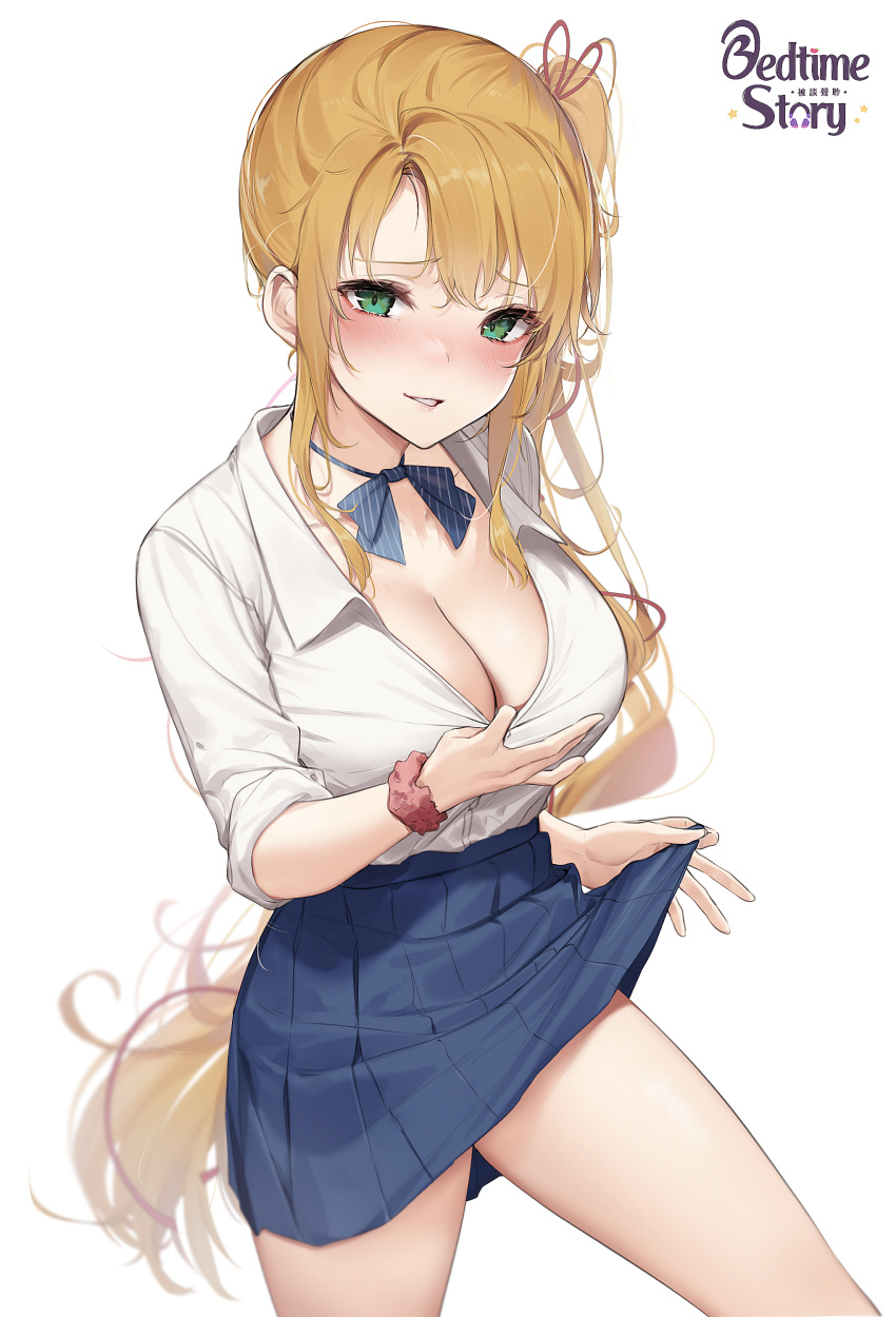1girl absurdres alternate_skirt_length bangs blonde_hair blue_ribbon blue_skirt blush breasts cleavage clothes_lift clothes_pull cowboy_shot green_eyes highres large_breasts lifted_by_self long_hair looking_at_viewer neck_ribbon original parted_lips pleated_skirt pulled_by_self ribbon school_uniform scrunchie shirt_pull side_ponytail sidelocks simple_background skirt sleeves_rolled_up smile solo very_long_hair wet.elephant white_background wrist_scrunchie