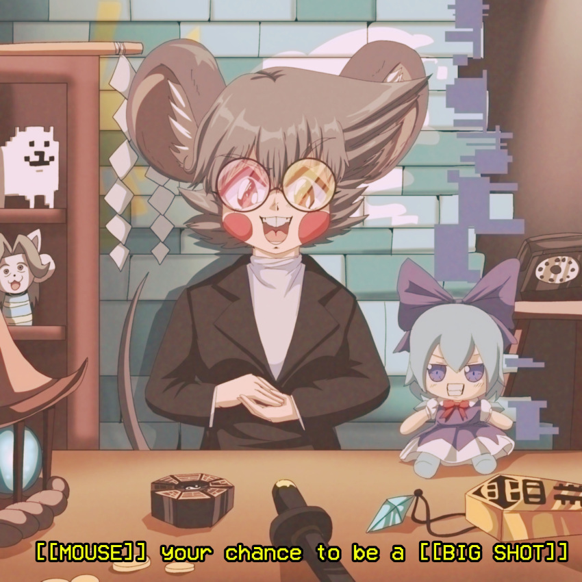 1girl alternate_hairstyle animal_ears annoying_dog bespectacled bishamonten's_pagoda black_jacket blazer blue_bow blush_stickers bow cirno coin commentary commission counter crossover deltarune english_commentary english_text fumo_(doll) glasses gohei grey_hair highres indoors jacket jewelry long_sleeves looking_at_viewer mini-hakkero mouse_ears mouse_girl mouse_tail multicolor-tinted_eyewear nazrin open_mouth own_hands_together pendant pendant_removed phone rod_of_remorse rotary_phone round_eyewear scabbard sheath sheathed shop short_hair solo spamton_g._spamton step_arts sword table tail teeth temmie tinted_eyewear touhou upper_body upper_teeth weapon yin_yang
