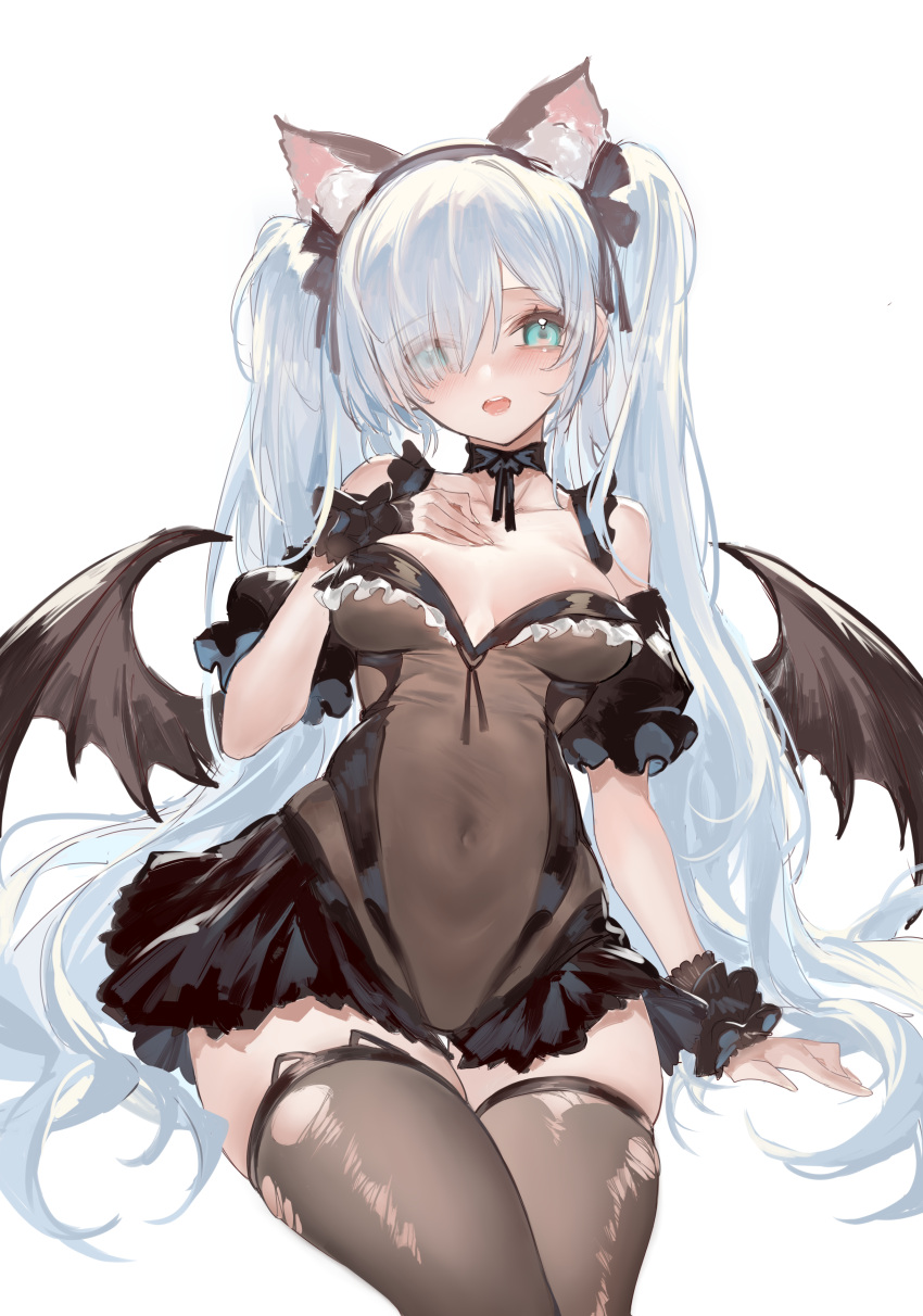1girl absurdres alternate_costume azur_lane blue_eyes collarbone commentary_request highres horz janus_(azur_lane) janus_(fright-night_scaredy-cat)_(azur_lane) long_hair looking_at_viewer navel open_mouth simple_background sitting solo thighhighs twintails white_background white_hair wings zettai_ryouiki