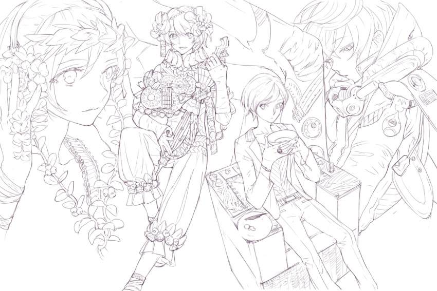 alternate_costume androgynous chair contemporary flower flower_headphones hair_flower hair_ornament half-closed_eyes head_wreath headphones holding holding_instrument instrument male_focus monochrome multiple_views music nishihara_isao pixiv_fantasia pixiv_fantasia_sword_regalia playing_instrument serini_(pixiv_fantasia) short_hair sitting sketch smile