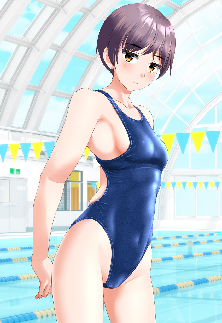 1girl absurdres blue_one-piece_swimsuit breasts brown_eyes cameltoe commentary_request competition_swimsuit covered_navel covered_nipples cowboy_shot curved_ceiling glass_ceiling grey_hair groin highleg highleg_swimsuit highres indoors lane_line looking_at_viewer medium_breasts one-piece_swimsuit original pool short_hair sideboob solo standing string_of_flags swimsuit takafumi