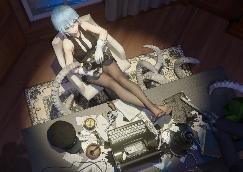 1girl 1other bangs black_pantyhose blue_hair breasts corded_phone crossed_ankles desk feet_on_table formal from_above gloves gun handgun hat hat_removed headwear_removed highres holding holding_phone indoors large_breasts magician_(china) office_lady original pantyhose phone pleated_skirt red_eyes revolver rotary_phone short_hair sitting skirt skirt_suit sleeveless suit tentacles typewriter weapon white_gloves