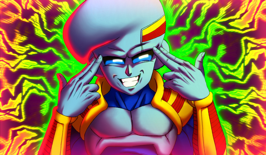 1boy absurdres baby_(dragon_ball) black_background blue_eyes blue_skin colored_skin commentary dababy_(rapper) dragon_ball dragon_ball_gt english_commentary finger_gun green_background grin highres looking_at_viewer male_focus multicolored_background multicolored_skin no_pupils pea-bean pun smile solo yellow_background