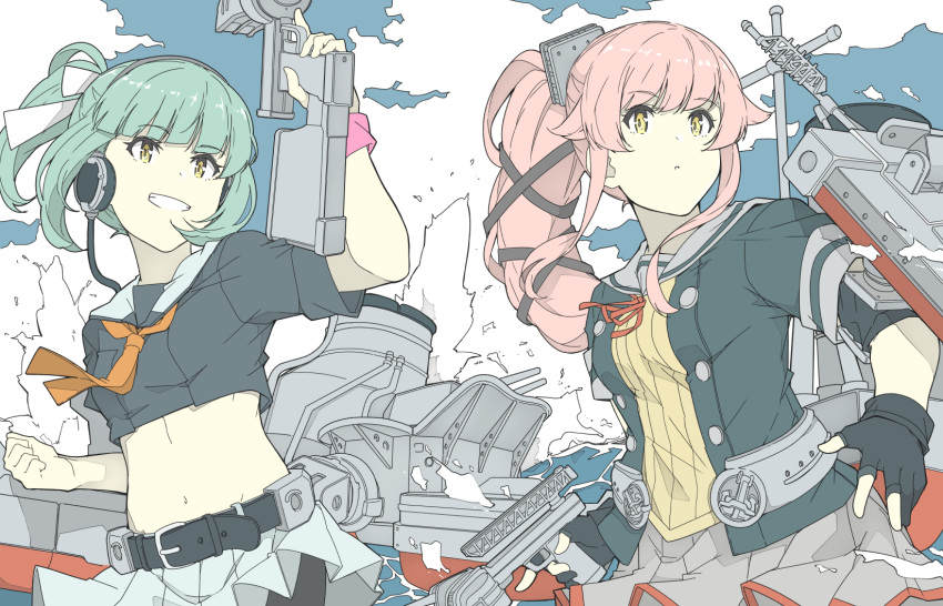 2girls bangs black_gloves black_jacket black_shirt blunt_bangs gloves green_hair grey_sailor_collar grey_skirt grin hair_flaps hair_ribbon headphones highres jacket kantai_collection long_hair machinery midriff multiple_girls neck_ribbon necktie ninimo_nimo orange_necktie pantyhose partially_fingerless_gloves pink_hair pleated_skirt ponytail red_ribbon ribbon sailor_collar school_uniform serafuku shirt short_sleeves skirt smile very_long_hair white_ribbon white_skirt yellow_eyes yura_(kancolle) yura_kai_ni_(kancolle) yuubari_(kancolle) yuubari_kai_ni_(kancolle)