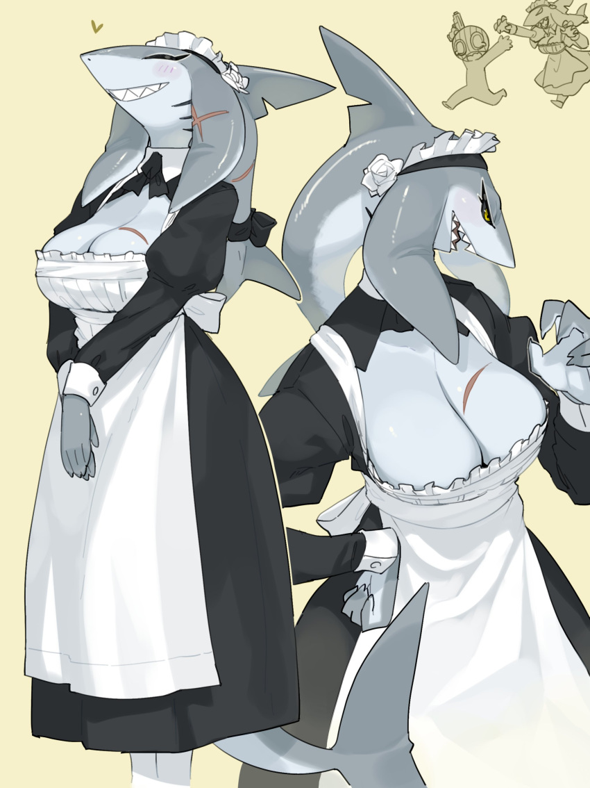 &lt;3 2022 absurd_res anthro big_breasts biped black_sclera bottomwear breast_scar breasts cleavage clothed clothing digital_media_(artwork) female fin fish grey_body grey_skin head_fin head_tail hi_res kame_3 maid_headdress maid_uniform marine shark sharp_teeth simple_background skirt smile solo teeth uniform white_body white_skin yellow_background yellow_eyes