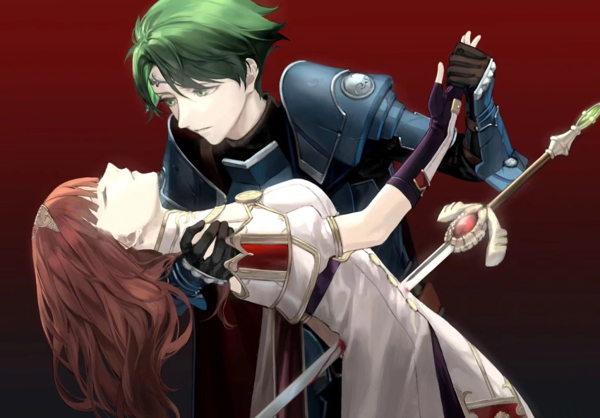 1boy 1girl alm_(fire_emblem) armor black_hair blood blood_on_clothes blood_on_weapon brown_gloves celica_(fire_emblem) closed_eyes falchion_(fire_emblem) fire_emblem fire_emblem_echoes:_shadows_of_valentia gloves gradient gradient_background green_eyes green_hair highres holding_hands impaled long_hair looking_at_another mik_blamike red_background red_hair simple_background spoilers sword tagme tiara weapon