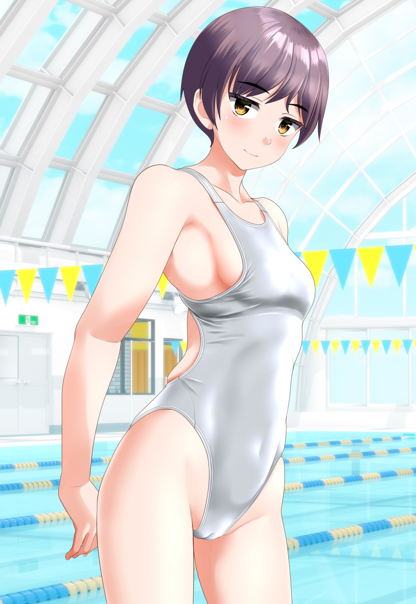 1girl absurdres breasts brown_eyes cameltoe commentary_request competition_swimsuit covered_navel covered_nipples cowboy_shot curved_ceiling glass_ceiling grey_hair groin highleg highleg_swimsuit highres indoors lane_line looking_at_viewer medium_breasts one-piece_swimsuit original pool short_hair sideboob solo standing string_of_flags swimsuit takafumi white_one-piece_swimsuit