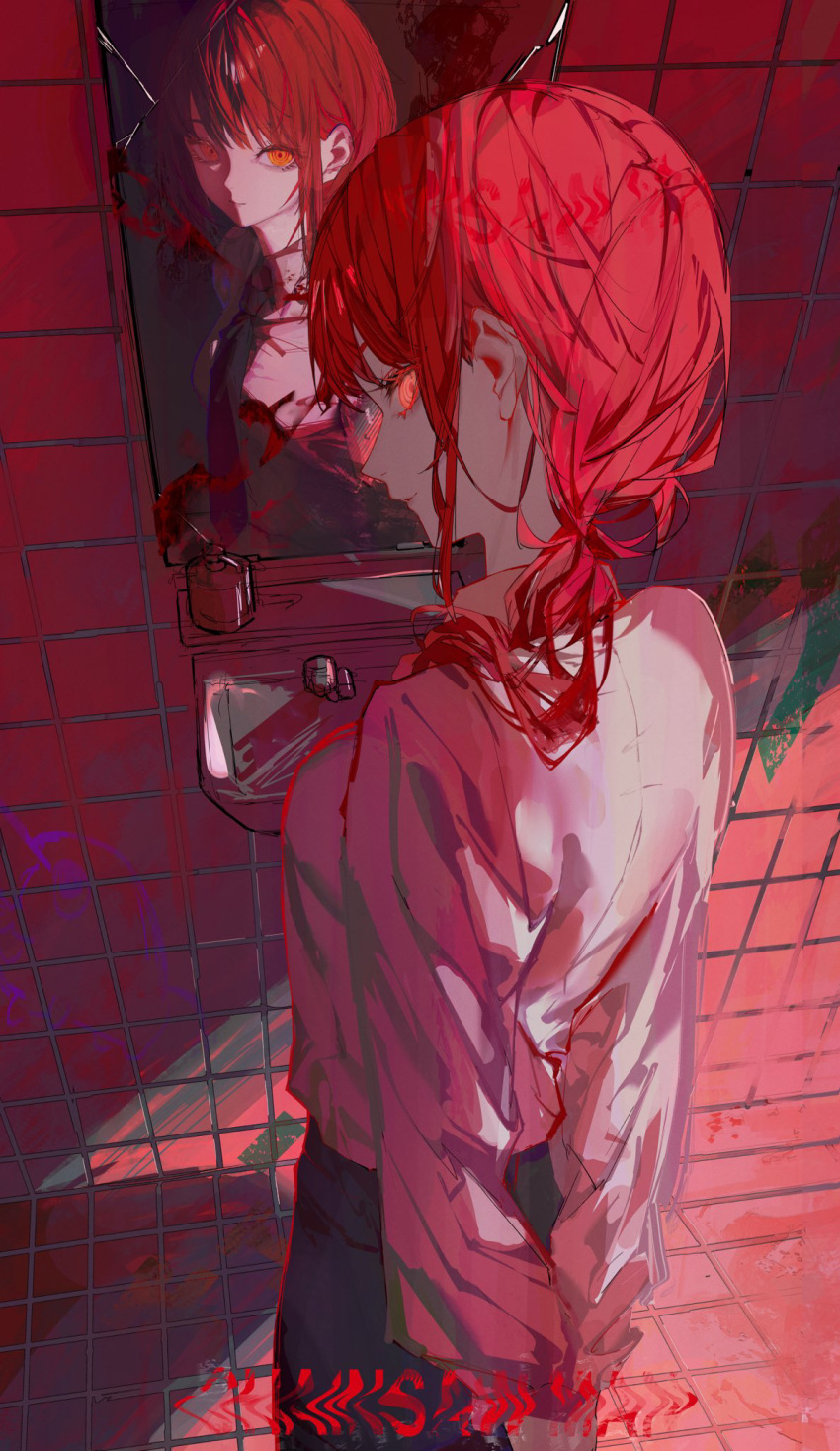 1girl arms_behind_back bangs bathroom black_necktie blood blood_on_mirror braid braided_ponytail chainsaw_man collared_shirt cracked_glass graffiti highres long_hair looking_at_viewer makima_(chainsaw_man) necktie pochita_(chainsaw_man) red_hair reflection ringed_eyes shirt sidelocks sinister sink smile solo suimin_(sui_0y0) tile_wall tiles white_shirt yellow_eyes