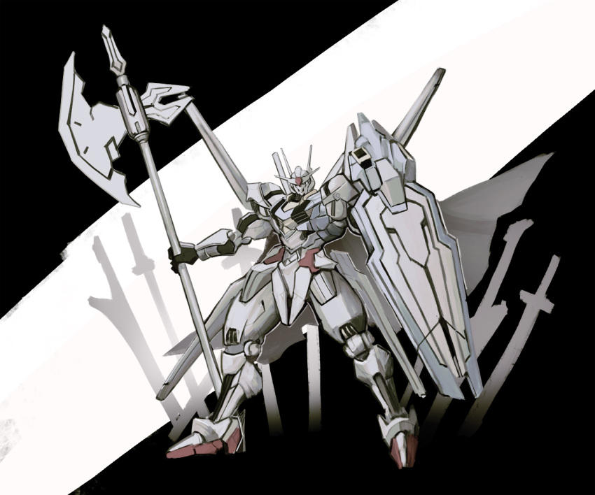 axe english_commentary green_eyes gundam gundam_aerial gundam_suisei_no_majo head_tilt holding holding_axe holding_shield kyou_(ningiou) mecha mobile_suit no_humans planted planted_sword robot science_fiction shield solo standing sword weapon