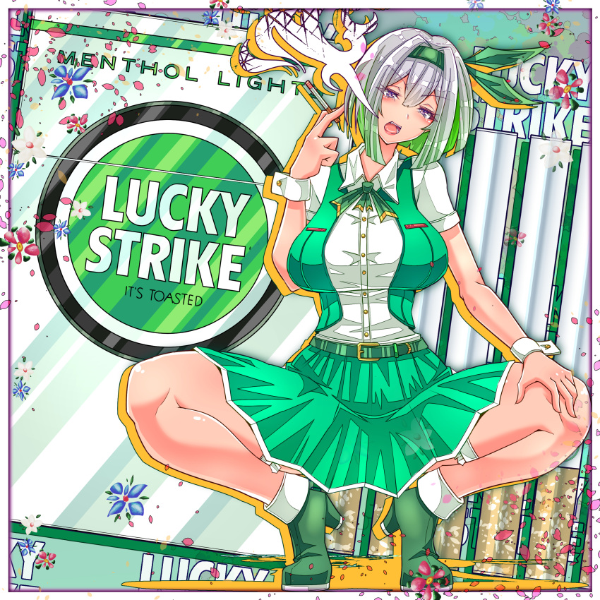 1girl absurdres border breasts cigarette english_text falling_petals flower green_footwear green_jacket green_skirt highres holding holding_cigarette jacket konpaku_youmu lucky_strike netgamesennyou7 petals product_girl product_placement shirt short_hair short_sleeves skirt smoking solo squatting thighs touhou white_border white_hair white_shirt