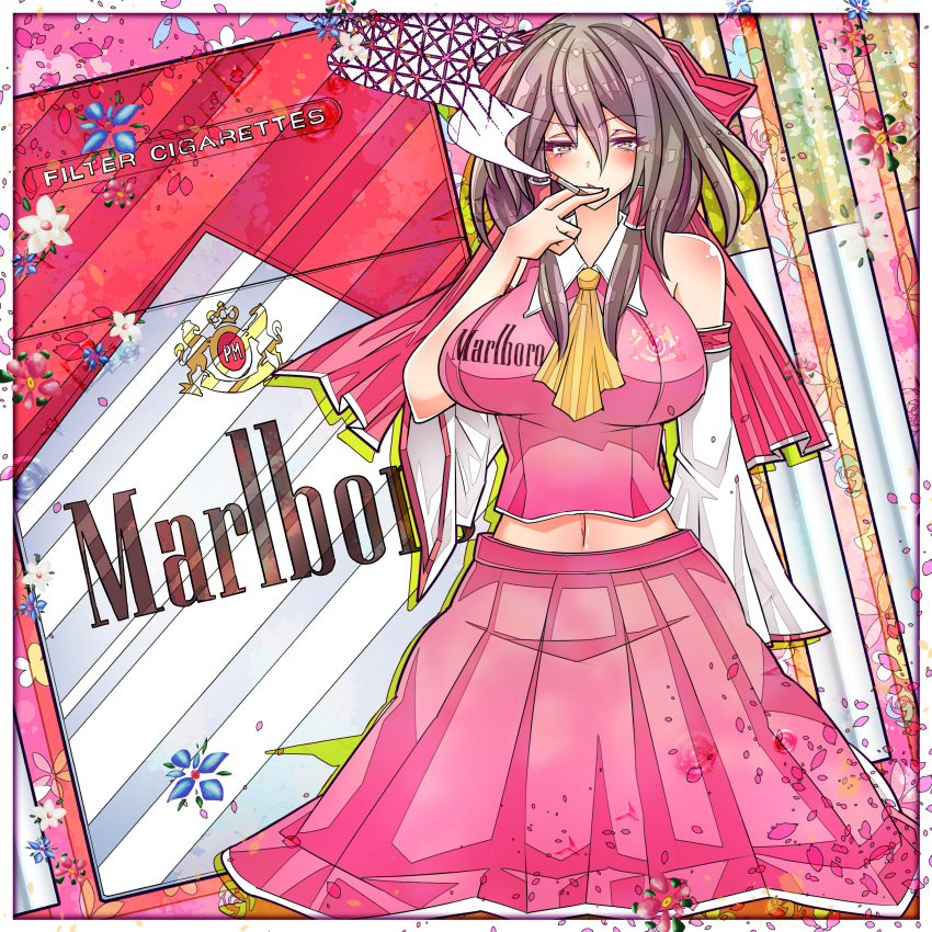 1girl absurdres breasts brown_hair cigarette english_text falling_petals flower hakurei_reimu highres holding holding_cigarette japanese_clothes marlboro miko navel netgamesennyou7 petals pink_shirt pink_skirt product_girl product_placement shirt skirt smoking solo touhou