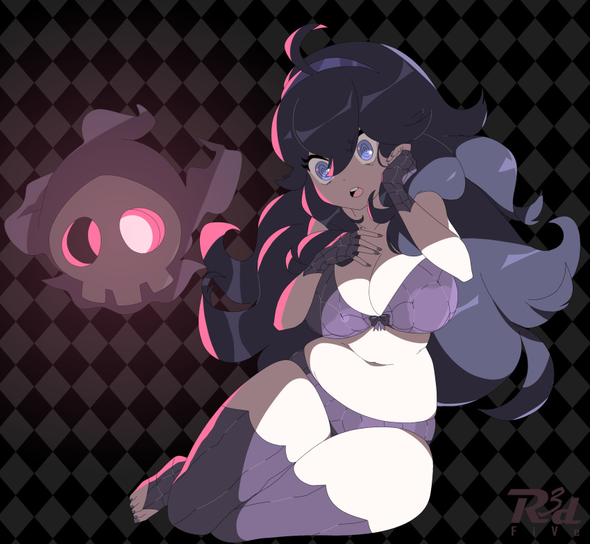 1girl @_@ absurdres adapted_costume alternate_breast_size artist_name bangs black_hair blue_eyes bra breasts cleavage commentary_request curly_hair duskull fingerless_gloves full_body gloves hair_between_eyes hands_up hex_maniac_(pokemon) highres long_hair nail_polish open_mouth panties pokemon pokemon_(creature) pokemon_(game) pokemon_xy r3dfive teeth thighhighs toenail_polish toenails tongue underwear upper_teeth watermark