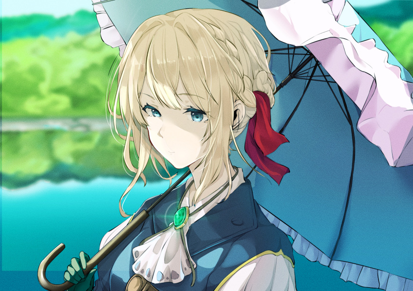 1girl ascot bangs blonde_hair blue_eyes braid commentary_request diffraction_spikes english_commentary gloves glowing green_gloves hair_ribbon highres holding lace_trim lake medium_hair mixed-language_commentary outdoors parasol red_ribbon reflection ribbon solo umbrella upper_body violet_evergarden violet_evergarden_(series) white_ascot yunekoko