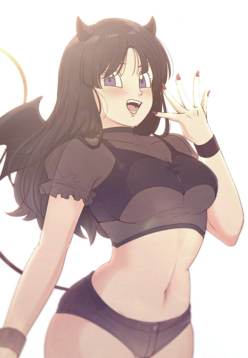 1girl bat_wings black_hair blue_eyes blush breasts crop_top demon_horns demon_tail dragon_ball halloween_costume highres horns micro_shorts midriff nail_polish naraku_(zg8w5) navel open_mouth red_nails see-through shorts simple_background solo tail underboob videl white_background wings