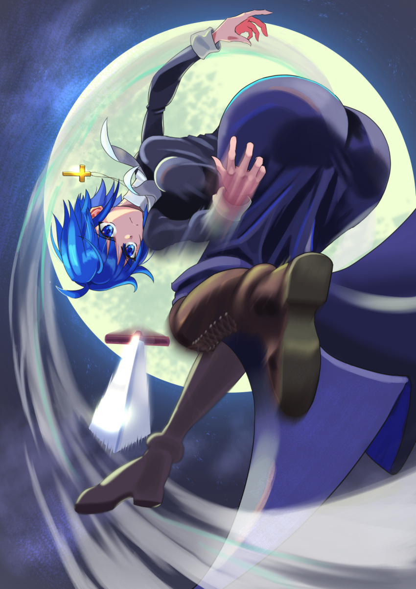 1girl ahoge ass ass_focus bangs black_dress black_keys_(type-moon) blue_eyes blue_hair boots breasts brown_footwear ciel_(tsukihime) closed_mouth commentary cross cross_necklace dress fujiki928 habit highres jewelry latin_cross looking_at_viewer medium_breasts moon necklace nun short_hair solo tsukihime tsukihime_(remake) weapon
