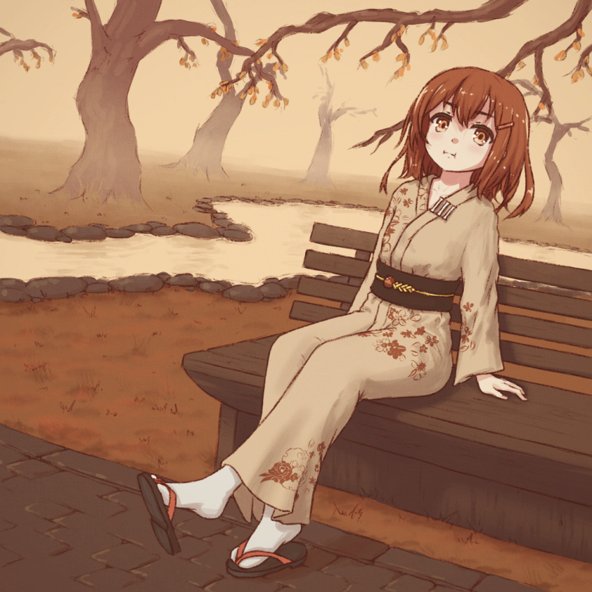 autumn autumn_leaves bench brooch brown_eyes brown_hair collarbone flip-flops hair_ornament hairclip ikazuchi_(kancolle) japanese_clothes jewelry kantai_collection kimono park_bench pouting removing_sandals sandals sitting_on_bench socks vorisar white_socks yukata