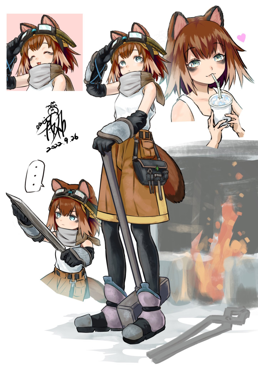 ... 1girl :d ^_^ animal_ears arm_up bare_shoulders bendy_straw black_gloves black_pantyhose blacksmith blue_eyes boots brown_hair brown_shorts chibi closed_eyes closed_mouth collarbone commentary cup dated disposable_cup drinking_straw elbow_gloves fire forge gloves goggles goggles_on_head hammer heart highres holding holding_cup holding_sword holding_weapon legwear_under_shorts multicolored_hair multiple_views original pantyhose purple_footwear shorts signature sledgehammer smile spoken_ellipsis steel-toe_boots sword symbol-only_commentary tank_top tongs two-tone_hair weapon white_tank_top yoshitatsu_ousuke