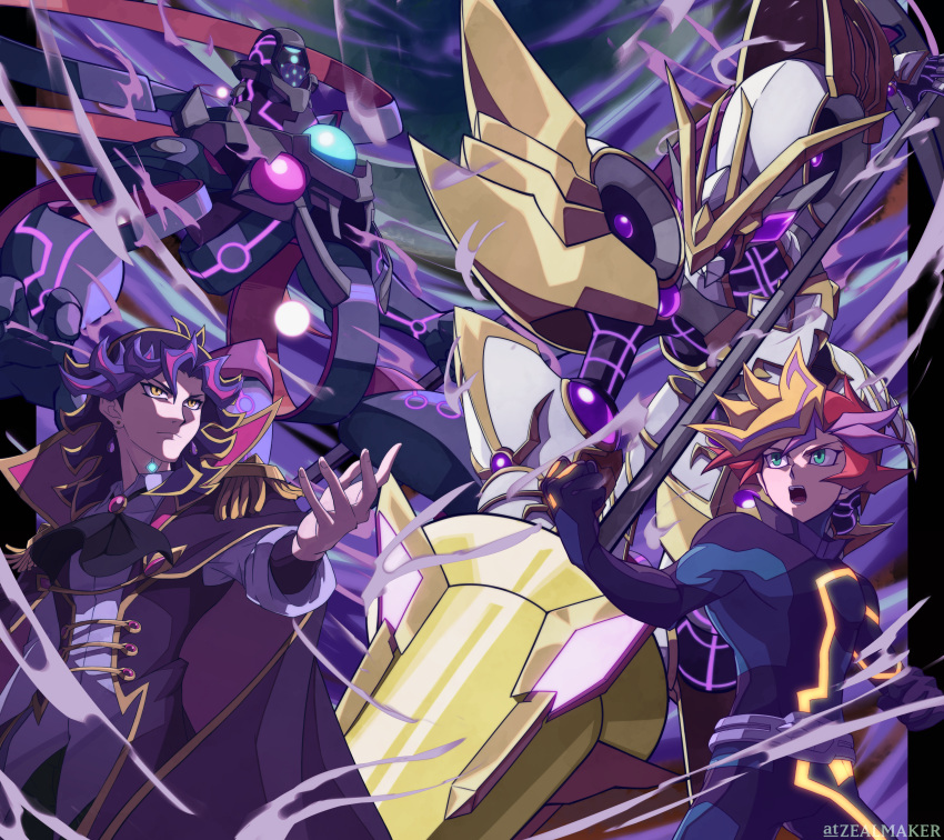 2boys absurdres accesscode_talker ai_(yu-gi-oh!) armor ascot black_hair blonde_hair bodysuit cape closed_mouth duel_monster earrings epaulettes fujiki_yuusaku green_eyes highres holding holding_polearm holding_scythe holding_weapon jewelry lance long_sleeves mecha medium_hair multicolored_hair multiple_boys open_mouth outstretched_arm playmaker polearm purple_hair red_hair robot scythe streaked_hair the_arrival_cyberse_@ignister twitter_username weapon yellow_eyes yu-gi-oh! yu-gi-oh!_vrains zealmaker