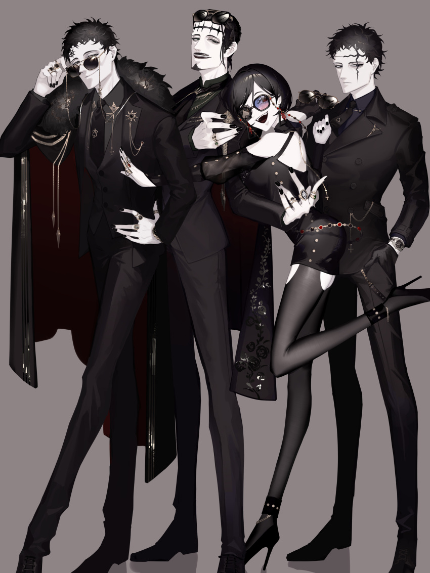 1girl 3boys absurdres black_clover black_hair black_necktie dante_zogratis facial_mark forehead_mark formal frit_2 grey_background highres jewelry lucius_zogratis multiple_boys necktie pale_skin pin ring siblings suit sunglasses vanica_zogratis zenon_zogratis