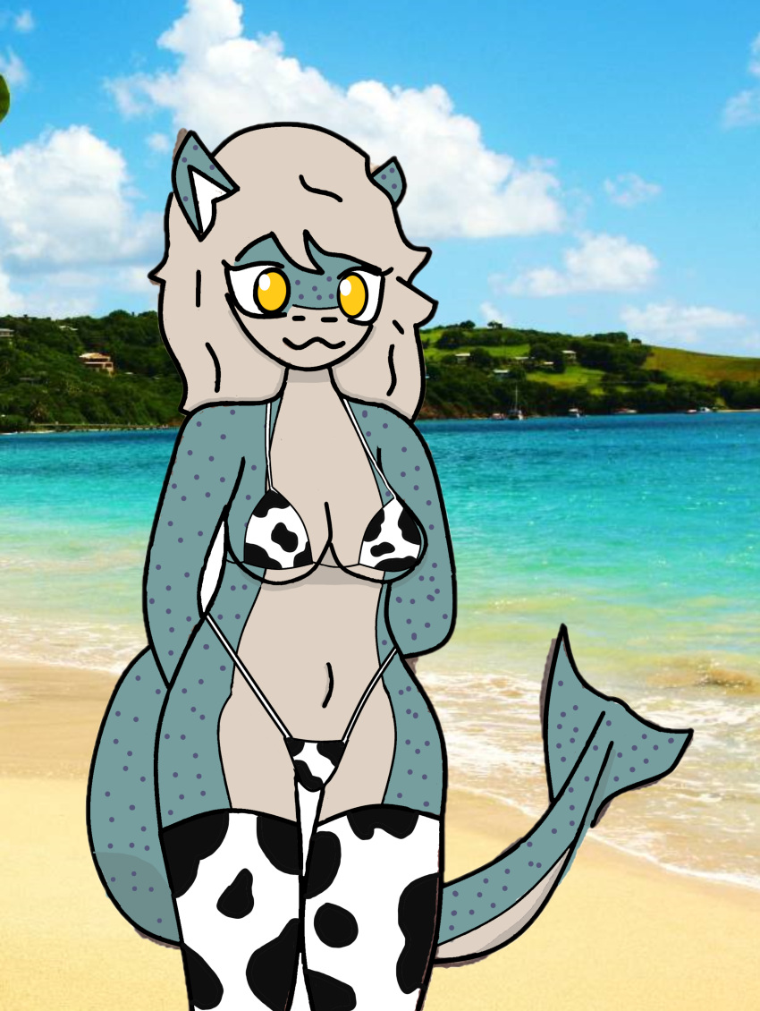 absurd_res animal_print anthro beach bikini clothing cow_print female fish hi_res humanoid marine seaside shark solo swimwear