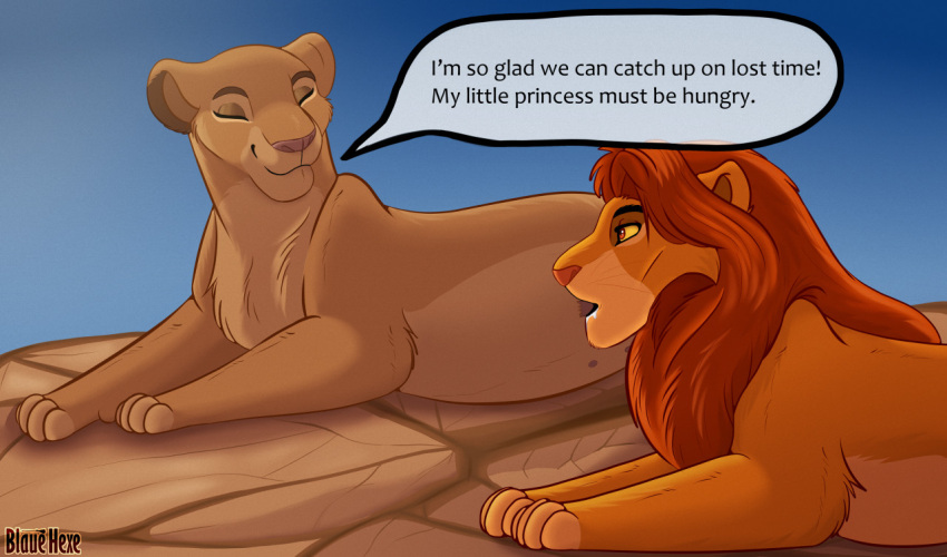 blauehexe breastfeeding disney duo eyes_closed family felid female feral fluffy_fur fur male mammal mane milk mother mother_and_child mother_and_son nipples parent parent_and_child pink_nose red_body red_fur sarabi simba sky smile son stoneslab the_lion_king