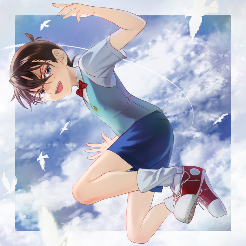 1girl bird blue_eyes blue_shorts blue_sky blue_vest bow bowtie brown_hair cloud edogawa_conan full_body glasses highres loose_socks meitantei_conan outdoors panmijin99 red_bow red_bowtie shoes short_sleeves shorts sky sneakers socks vest white_socks