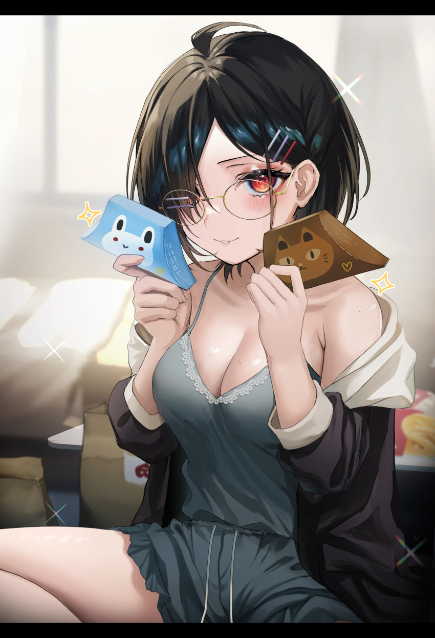 1girl absurdres bangs bare_shoulders black_hair blue_eyes blue_shirt blush breasts cleavage fou_(ssqseeker) glasses hair_behind_ear hair_ornament hair_over_one_eye hairclip hands_up highres holding indoors jacket large_breasts looking_at_viewer off_shoulder open_clothes open_jacket original parted_lips red_eyes shirt short_hair sitting smile solo sweat