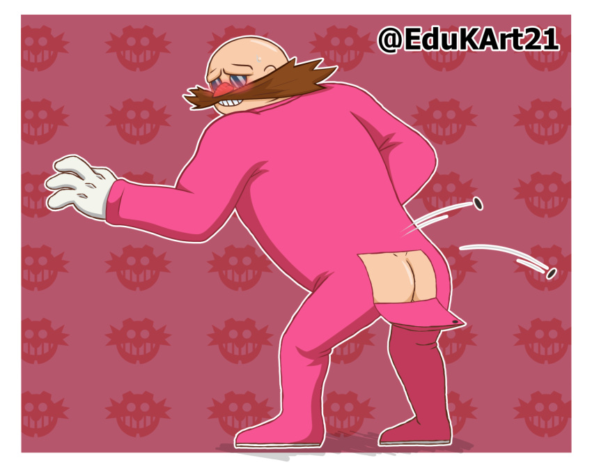 4_toes bald bared_teeth brown_hair butt clothing dr._eggman edukart21 eyewear facial_hair feet flushed footwear glasses gloves hair handwear hi_res human invalid_tag male male/male mammal mustache nose pijama pink_suit sega shoes solo sonic_boom sonic_the_hedgehog_(series) toes villainous