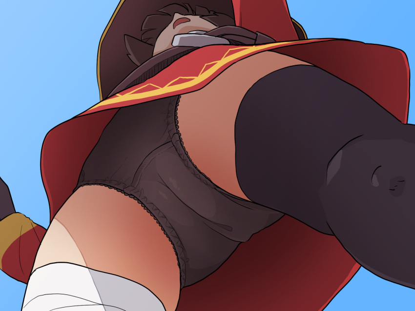 1girl akaino_(akaomi) bandaged_leg bandages black_gloves black_panties blue_sky brown_hair cameltoe commentary from_below gloves hat highres kono_subarashii_sekai_ni_shukufuku_wo! megumin open_mouth panties single_thighhigh sky solo thighhighs thighs underwear upskirt witch_hat