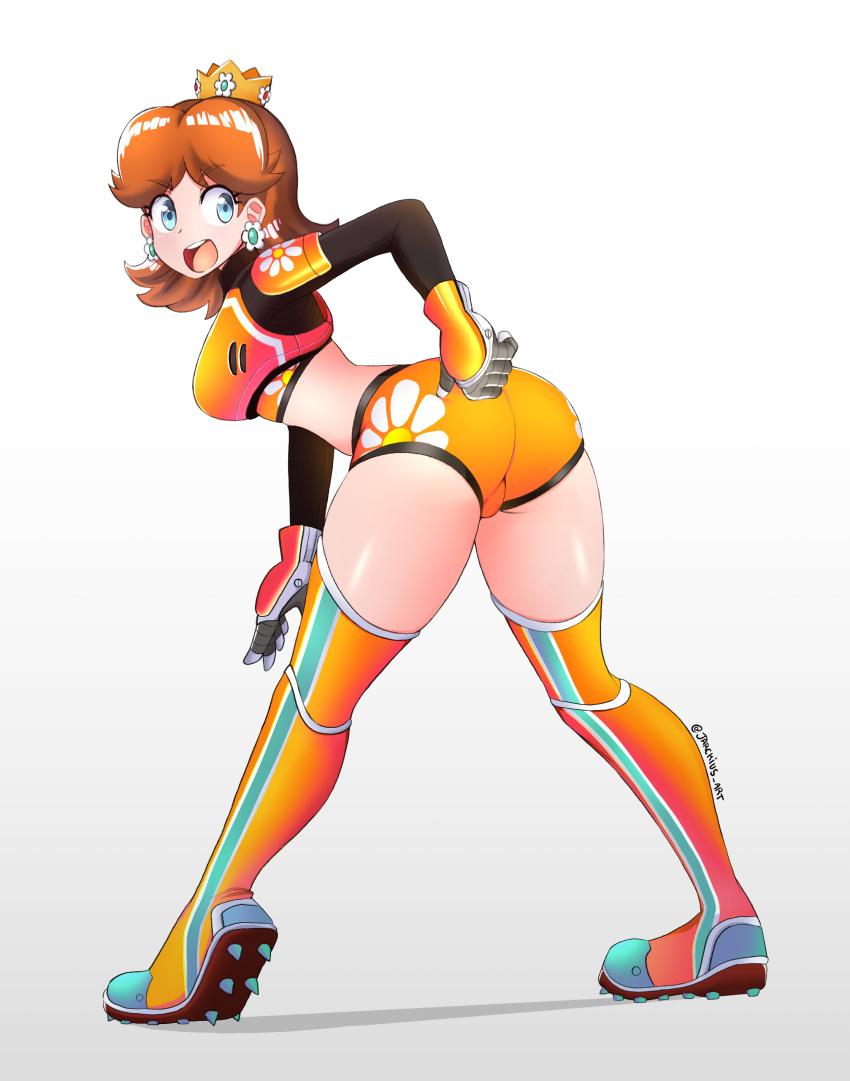 1girl absurdres ass bent_over blue_eyes boots breasts brown_hair chest_guard cleats crop_top crown earrings flower_earrings full_body gloves highres jarckius jewelry mario_(series) medium_breasts micro_shorts midriff open_mouth princess_daisy shorts smile soccer_uniform solo sportswear super_mario_land super_mario_strikers thigh_boots twitter_username