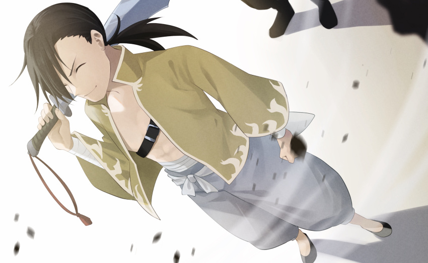 1boy 1other bandages bangs belt black_hair chinese_clothes closed_eyes dao fullmetal_alchemist hair_over_one_eye highres holding holding_sword holding_weapon kinaco_4738 ling_yao long_hair ponytail shadow shirt smile sword weapon