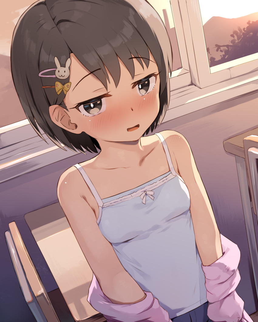 1girl black_eyes black_hair blue_camisole breasts camisole chair classroom collarbone commentary_request hair_ornament hairclip highres idolmaster idolmaster_cinderella_girls looking_at_viewer rabbit_hair_ornament sasaki_chie seneto short_hair small_breasts solo table window