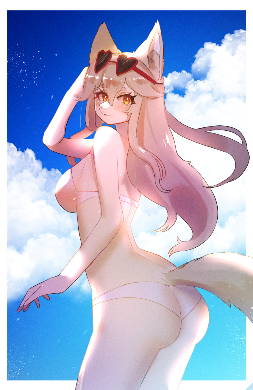 absurd_res anthro big_butt bikini breasts butt canid canine clothing eyewear eyewear_on_head female hair hi_res long_hair looking_at_viewer looking_back looking_back_at_viewer mammal onikuman solo sunglasses sunglasses_on_head swimwear