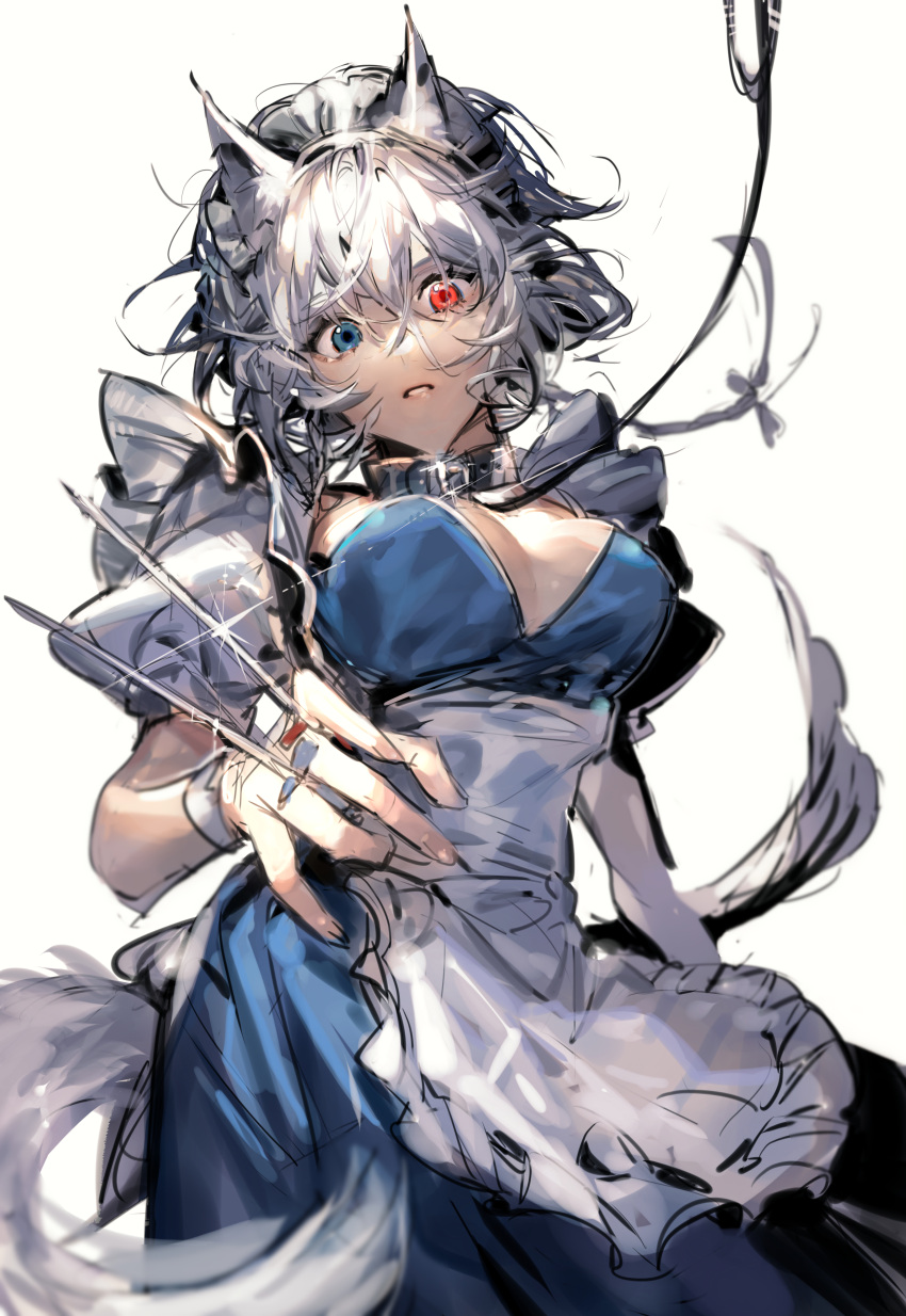1girl absurdres animal_ears apron between_fingers blue_eyes breasts collar cowboy_shot from_below heterochromia highres holding holding_knife izayoi_sakuya knife knives_between_fingers large_breasts leash maid maid_apron maid_headdress puffy_short_sleeves puffy_sleeves red_eyes short_sleeves simple_background solo tail tian_(my_dear) touhou white_background white_hair