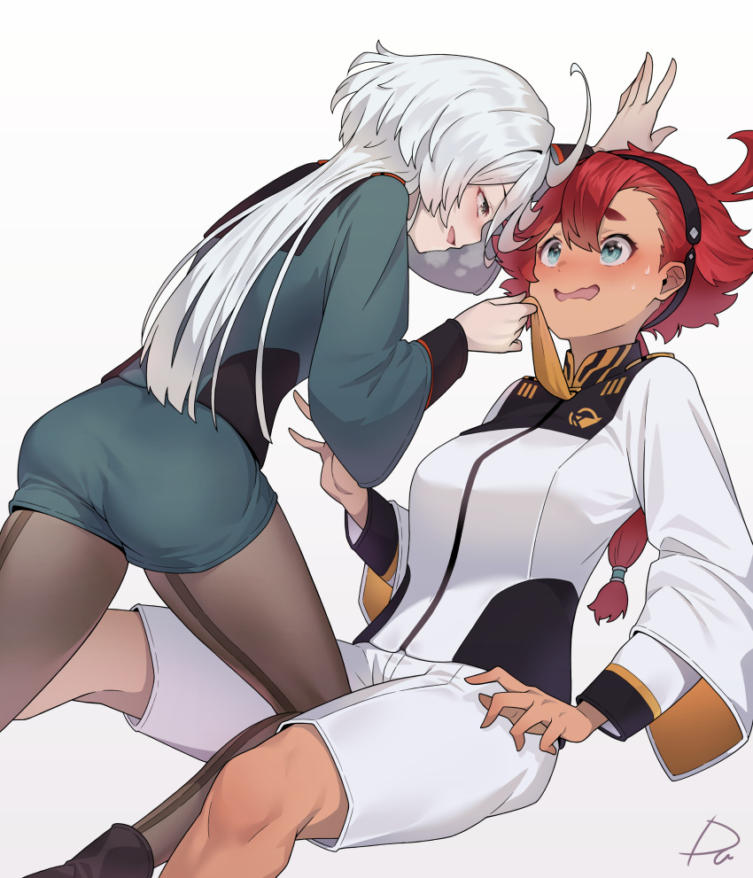 2girls absurdres ahoge ass asticassia_school_uniform blush eye_contact green_eyes grey_eyes gundam gundam_suisei_no_majo hairband highres leg_between_thighs long_hair looking_at_another miorine_rembran multiple_girls naughty_face necktie necktie_grab neckwear_grab open_mouth ponytail radjeong red_hair school_uniform shorts signature simple_background suletta_mercury sweat wavy_mouth white_background white_hair yuri