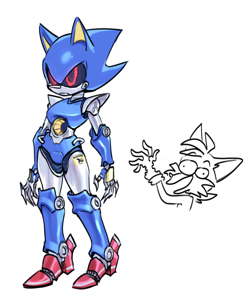 absurd_res anthro badnik blue_body canid canine duo fox handles hi_res machine male mammal metal_sonic miles_prower red_eyes robot sega silver_body sonic_the_hedgehog_(series) sparkydb standing warning_label
