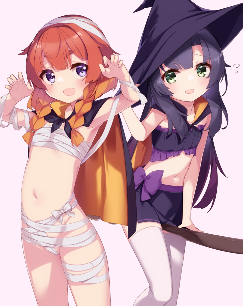 2girls bandages black_hair black_headwear blush braid etorofu_(kancolle) fang feet_out_of_frame green_eyes grey_background groin halloween halloween_costume hat highres kantai_collection long_hair matsuwa_(kancolle) multiple_girls navel open_mouth purple_eyes red_hair short_hair simple_background skin_fang smile thighhighs twin_braids uut white_thighhighs witch_hat