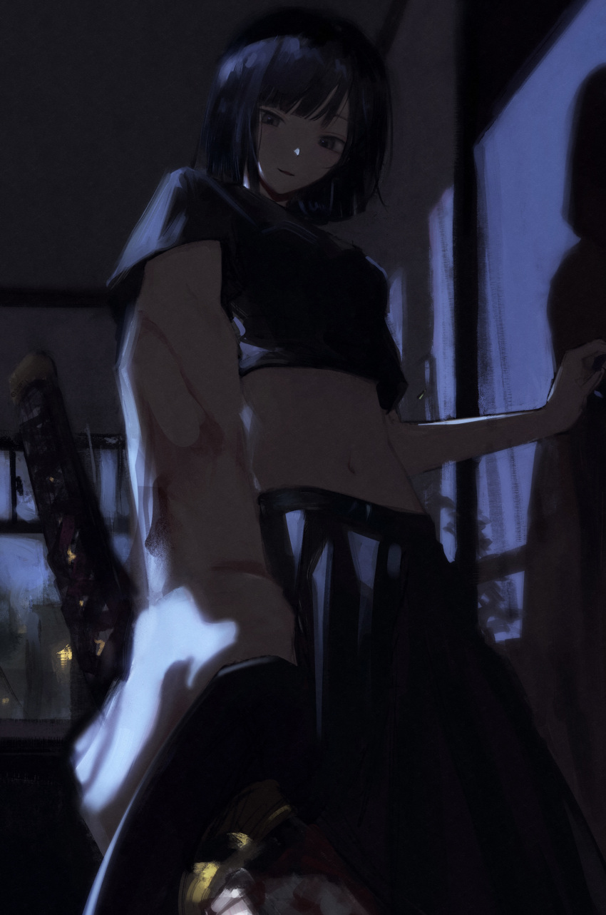 1girl 7ife absurdres black_eyes black_hair black_pants blood blood_on_arm blood_on_weapon crop_top highres holding holding_sword holding_weapon indoors katana looking_at_viewer midriff navel original pants pov shirt short_hair solo stab standing stomach sword weapon