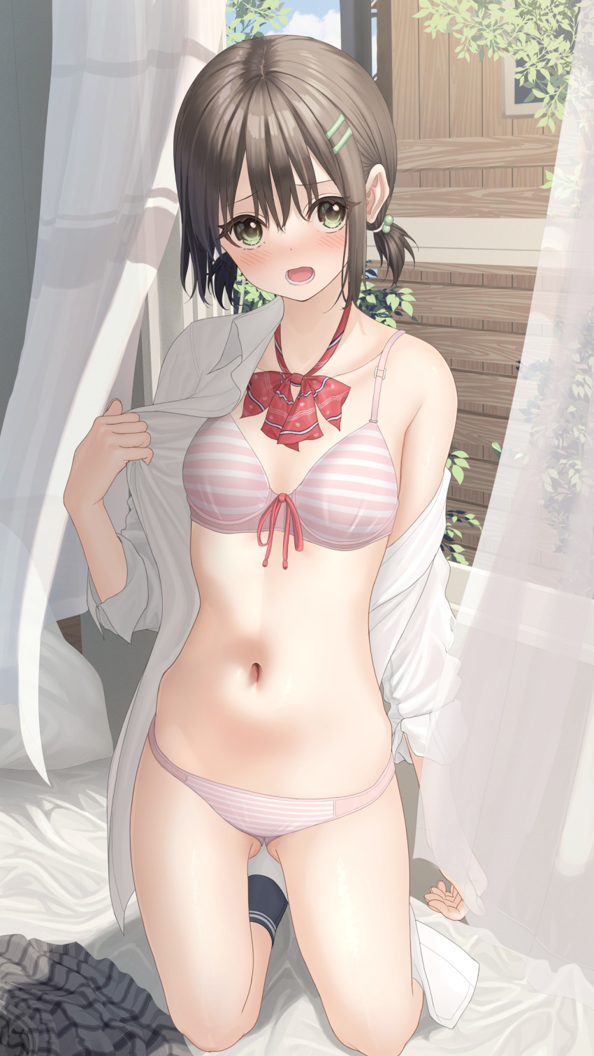 1girl bangs bare_shoulders black_hair black_socks blush bra breasts building collarbone collared_shirt commentary_request curtains day dress_shirt green_eyes grey_skirt hair_between_eyes hair_ornament hairclip hand_up highres indoors long_sleeves looking_at_viewer mottsun_(i_40y) navel off_shoulder open_clothes open_mouth open_shirt original panties school_uniform shirt skirt skirt_removed small_breasts socks solo striped striped_bra striped_panties transparent underwear white_shirt window