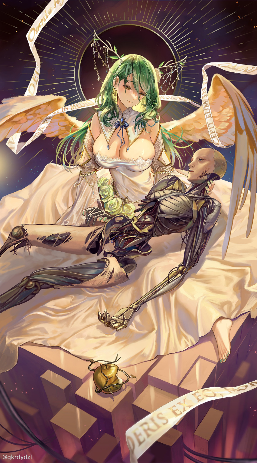 1girl absurdres antlers apple bangs braid branch breasts ceres_fauna cleavage cyborg dress flower food fruit golden_apple green_hair green_nails hair_flower hair_ornament highres hololive hololive_english long_hair nail_polish robot rotting santafe99 tears torn_skin virtual_youtuber wings yellow_eyes