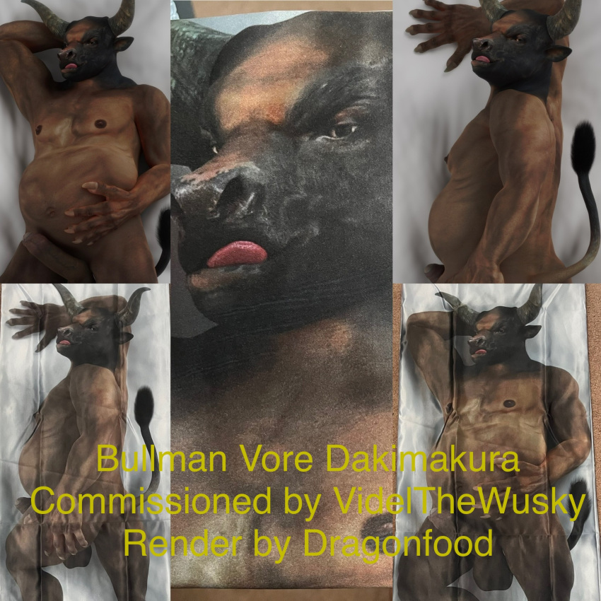 balls belly bovid bovine bulge cattle dakimakura_design dragonfood european_mythology genitals greek_mythology hand_on_stomach hi_res humanoid male mammal minotaur mythology navel nude organs penis solo spreading stomach videlthewusky vore