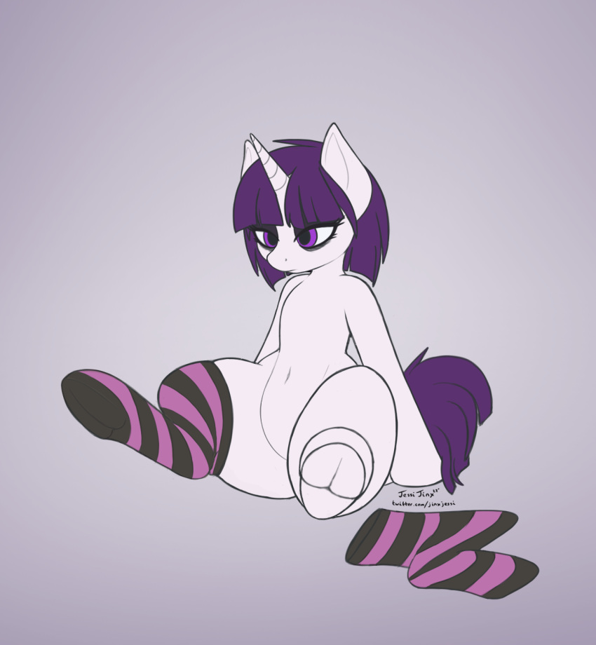 /mlp/ 4chan big_butt butt clothing equid equine eyeliner female footwear goth hair hasbro hi_res hooves horn horse jessijinx leaning leaning_back legwear makeup mammal mane mascara messy_hair my_little_pony navel neet pale_fur pink_eyes pony purple_hair simple_background sitting socks solo spreading stare thick_thighs thigh_highs tired tired_eyes unicorn