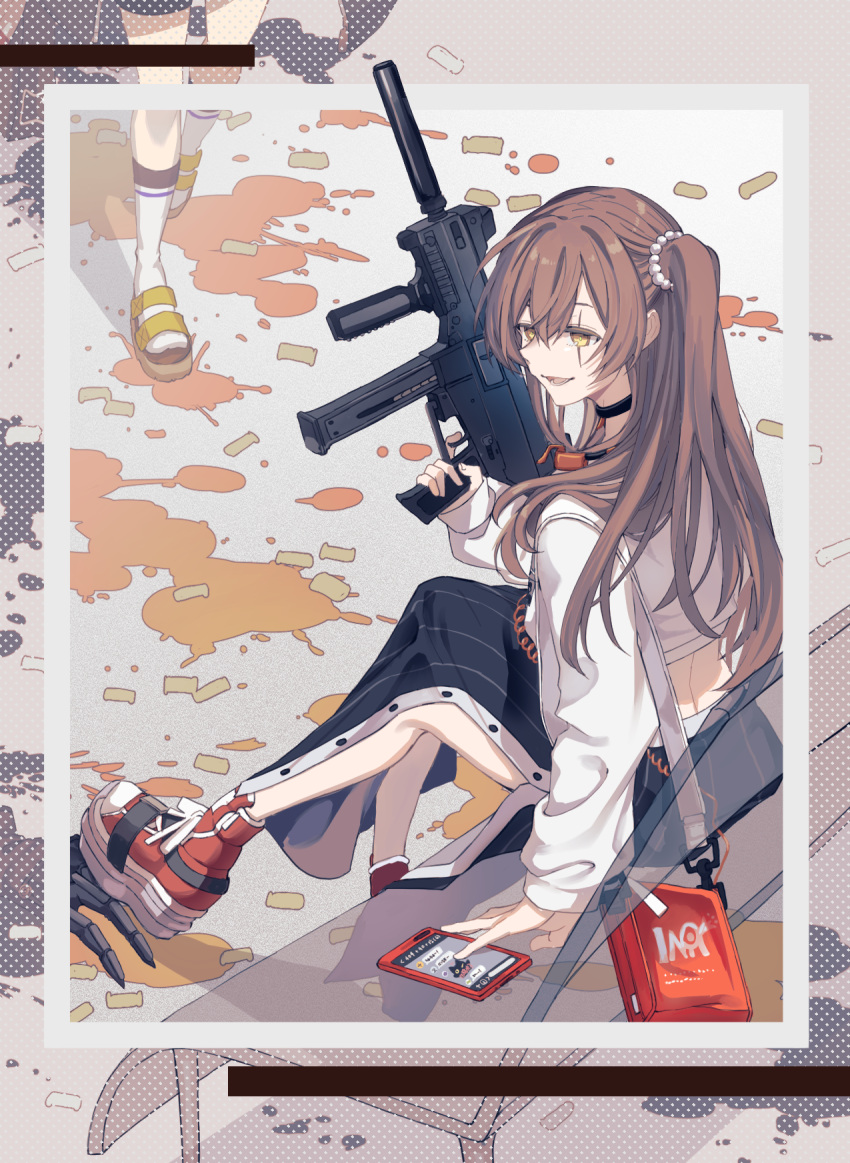 1girl arm_support bangs black_choker black_skirt blood_on_ground brown_eyes brown_hair bullet casual cellphone choker commentary full_body girls'_frontline gun h&amp;k_ump45 highres holding holding_gun holding_weapon id_card long_hair long_skirt long_sleeves looking_at_another official_alternate_costume open_mouth parted_lips phone rabb_horn red_bag red_footwear sandals scar scar_across_eye shell_casing shirt shoes side_ponytail simple_background sitting_on_bench skirt smartphone smile sneakers socks solo submachine_gun ump45_(girls'_frontline) ump9_(girls'_frontline) weapon white_shirt white_socks