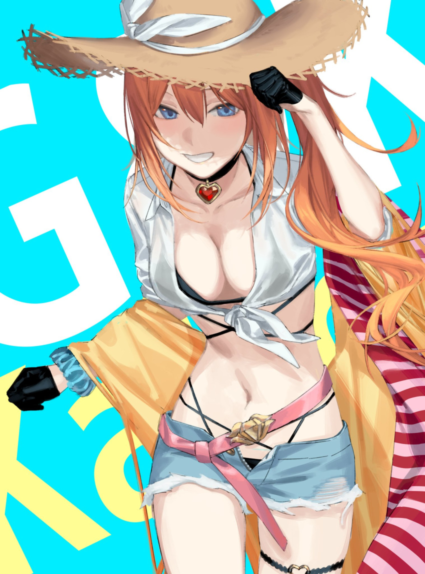 1girl arm_up bangs bikini black_bikini black_choker black_gloves blue_eyes blush breasts choker cleavage collarbone denim denim_shorts english_commentary feet_out_of_frame girls'_frontline gloves hat highres kalina_(girls'_frontline) leaning_forward long_hair looking_at_viewer medium_breasts mik_blamike navel official_alternate_costume open_clothes open_mouth open_shirt orange_hair parted_lips shirt shorts side_ponytail simple_background sleeves_rolled_up smile solo standing stomach sun_hat swimsuit teeth white_shirt