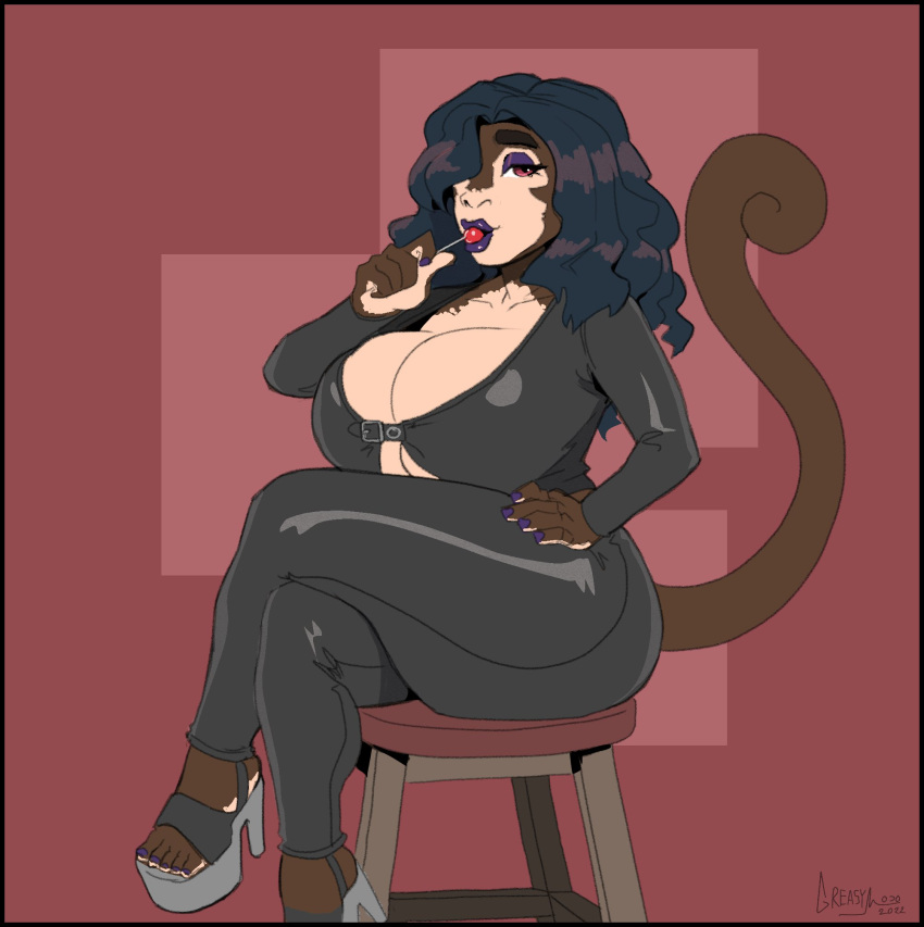 anthro big_breasts breasts candy cleavage clothed clothing crossed_legs dessert female food footwear greasymojo hair hair_over_eye hand_on_hip haplorhine hi_res high_heels lollipop mammal monkey one_eye_obstructed primate sitting solo thick_thighs