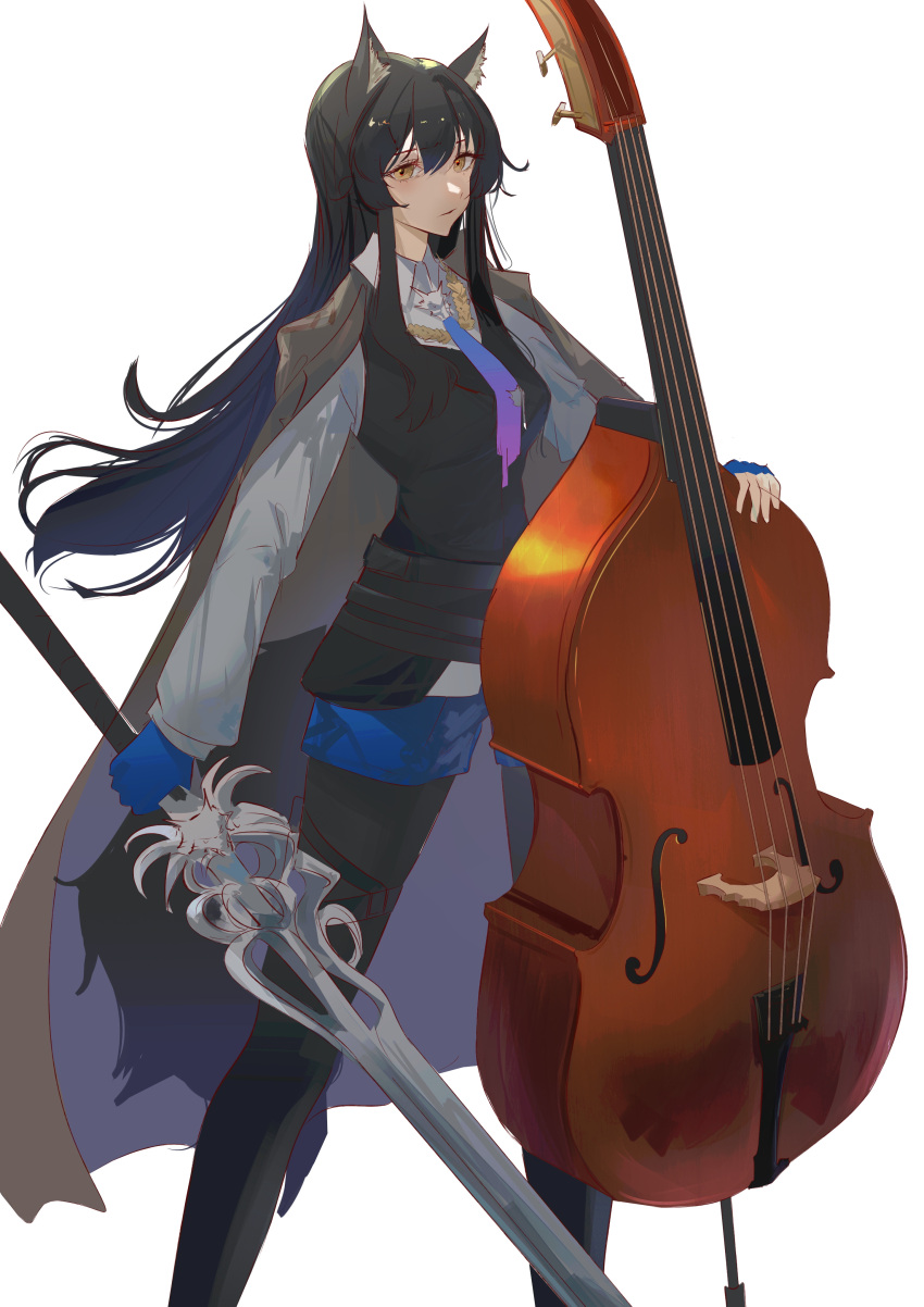 1girl absurdres animal_ears arknights belt black_hair black_pantyhose black_vest blue_gloves blue_shorts brown_cape brown_eyes cape closed_mouth collared_shirt double_bass feet_out_of_frame fingerless_gloves gloves gradient_necktie grey_shirt highres holding holding_sword holding_weapon instrument long_hair long_sleeves looking_at_viewer naoel_(naoel_art) pantyhose pantyhose_under_shorts shirt short_shorts shorts simple_background solo standing sword tail texas_(arknights) texas_the_omertosa_(arknights) very_long_hair vest weapon white_background wolf_ears wolf_girl wolf_tail