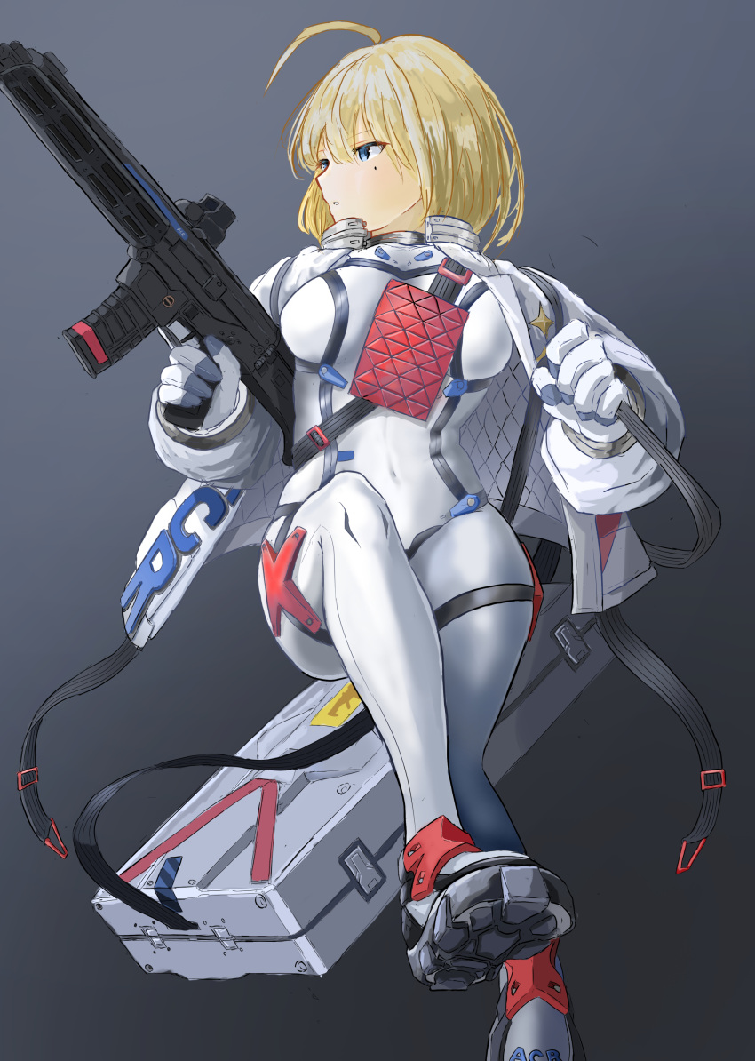1girl absurdres acr_(girls'_frontline) acr_(search_in_the_stars)_(girls'_frontline) ahoge assault_rifle bangs blonde_hair blue_eyes bodysuit breasts bushmaster_acr closed_mouth covered_navel flying full_body girls'_frontline gloves grey_background gun highres holding holding_gun holding_weapon jacket looking_away medium_breasts medium_hair mole mole_under_eye official_alternate_costume open_clothes open_jacket revision rifle solo spacesuit ssvtt1v3erngwyw tight weapon weapon_case white_bodysuit white_gloves white_jacket